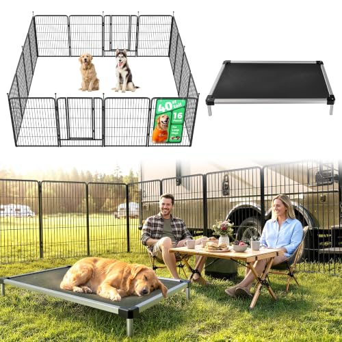 Image of FXW Instant Dog Playpen with Elevated Mesh Bed for RV Camping Outdoor Yard | Portable Easy-setup Play Yard & Mesh Dog Bed, Easy-Clean & Chew-proof, 40inch 16 Panels for Medium & Large Dogs | Patented