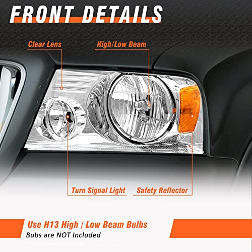 Axlaha 2004-2008 F150 Headlights Assembly For 2004 2005 2006 2007 2008 Ford F150 / 06-08 Lincoln Mark Lt Pickup Chrome Housing Amber Reflector Clear Lens Replacement Driver And Passenger Side #TOP1