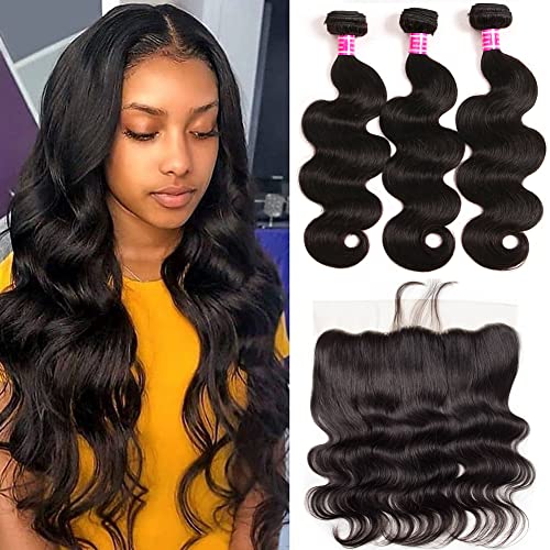 Body Wave Bundles with Frontal Human Hair 100% Unprocessed Virgin Hair 13x4 Lace Frontal Closure with Bundles Brazilian Human Hair Extensions Natural Black Color (22 24 26 +20Frontal)