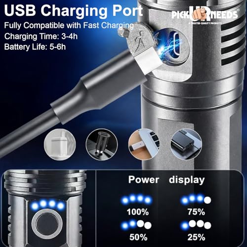Image of Pick Ur Needs 150w High Power Rechargeable LED Flashlight Torch Zoomable Focus 5 Lighting Modes Type-C Fast Charging Long-Range Torch for Outdoor, Camping & Emergency (Silver)