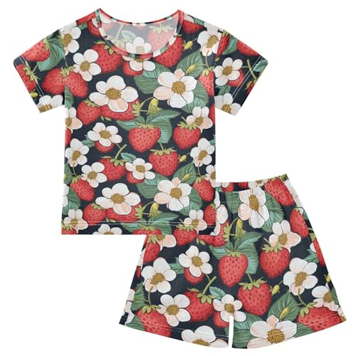 ALAZA Strawberry Flowers Pajama Set Short Sleeve Sleepwear Soft Lounge Nightwear