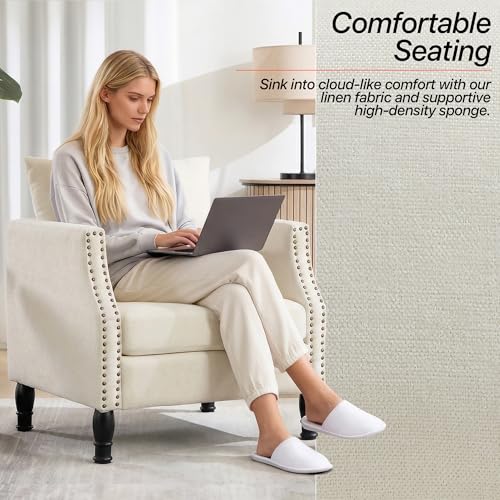 Image of ABET Linen Accent Chairs Set of 2, Mid-Century Modern Reading Armchair with Removable Lumbar Pillow, Upholstered Side Sofa Chair for Living Room Bedroom, Beige