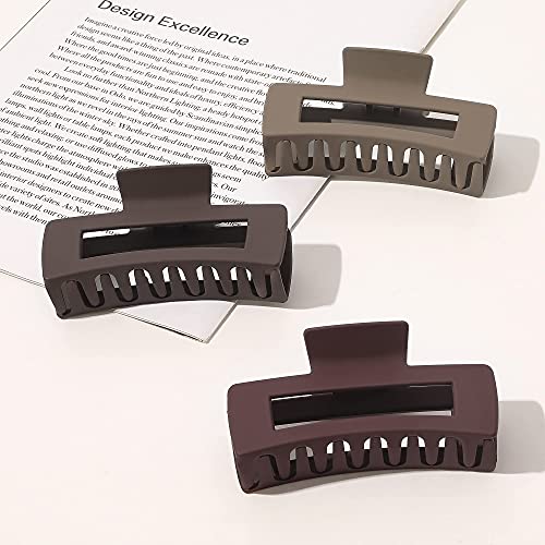Hair Claw Clips for Women - Large Plastic Matte Jumbo Nonslip Claw Hair Clips Accessories for Girls Fashion Strong Hold French Rectangle Hair clips for Thick Long Curly Jaw Clips Brown Series