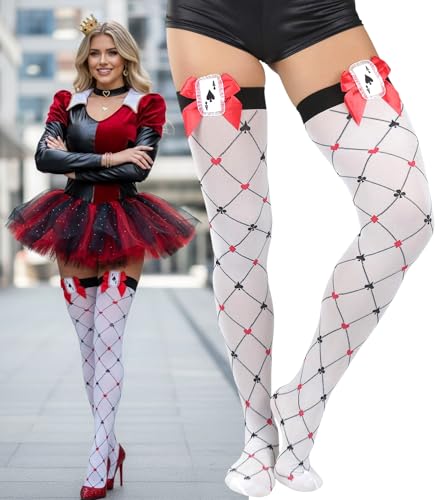 Image of ToBeInStyle Women's Harlequin Jester Thigh High Stockings Playing Card Checkered Opaque Halloween Costume Hosiery