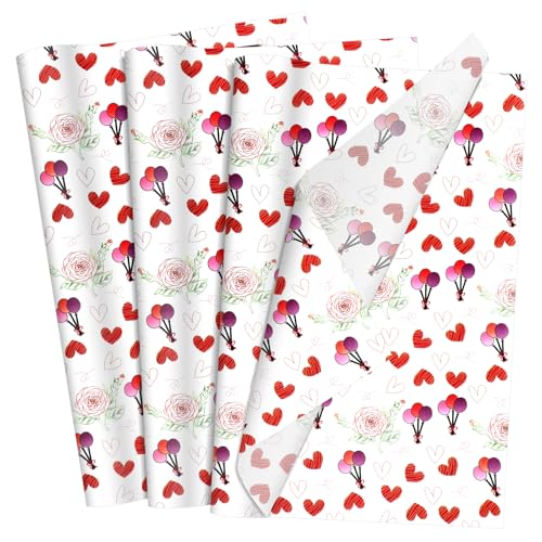 60 Sheets Gift Wrapping Tissue Paper Bulk Balloon Heart Rose Tissue Paper for Gift Bags Decorative Art Papers for Valentines Day Wedding Birthday Baby Showers Holiday Party Decor 20x14 Inches