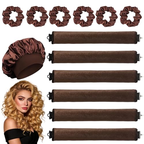 13 Pcs Heatless Blowout Rods Set Heatless Curlers Overnight Blowout Rods with Headband and Hair Hat Overnight Curls Curling Styling Tool for Long and Short Hair Styling for Women and Girls(Brown)