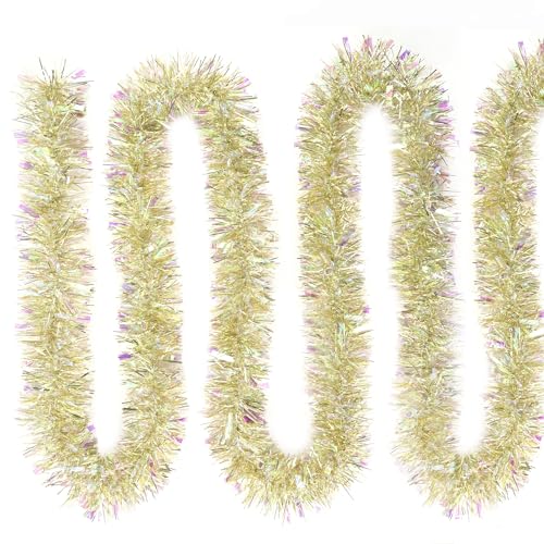 iPEGTOP 26.2ft Christmas Tinsel Garland, Classic Thick Shiny Sparkly Christmas Tree Ornaments Party Ceiling Hanging Decorations with Colorful Iridescent Reflections Shiny Filament - Gold