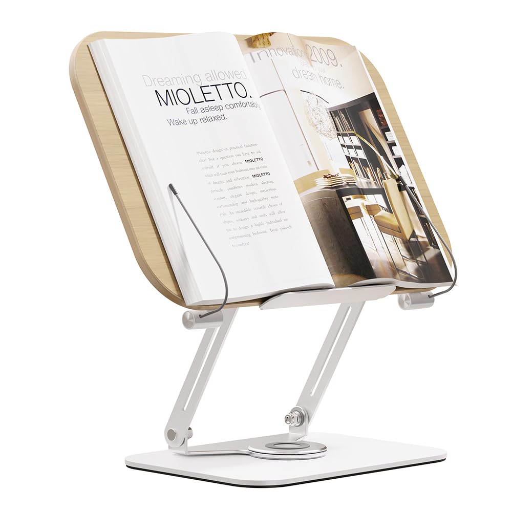Bisofice Atril Para Libros con Clips para Leer, Soporte de Libro para Lectura con base giratoria de 360°, Soporte de libros portátil plegable para partituras, recetas, iPads y portátiles