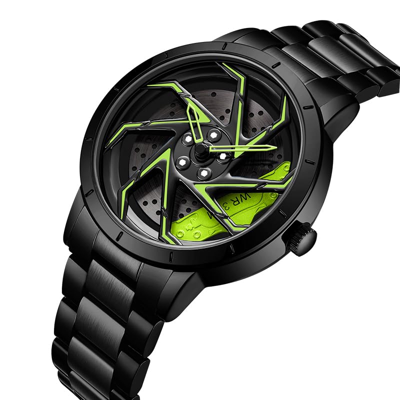 Image of FANMIS Men's Racing Car Wheel Watch 3D Spinning Dial Stainless Steel Watch | Creative 3D Spinning Car Quartz Large Skeleton Face and 30M Water Resistance Designed for Car Fans and Daily Wear.