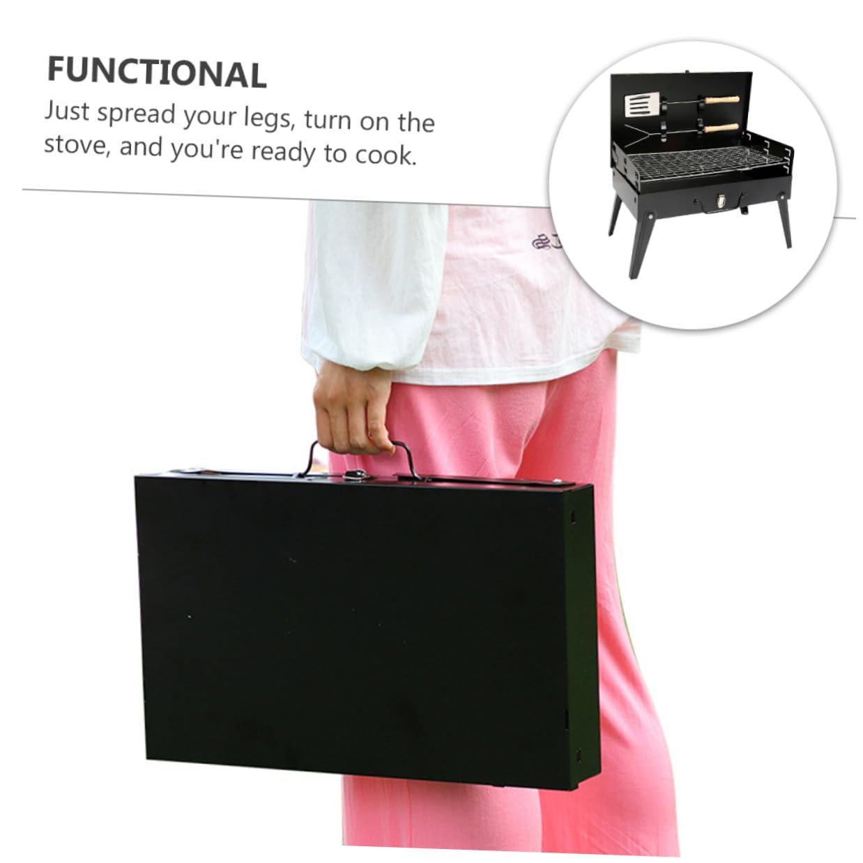 Parrilla de Barbacoa Portátil Plegable de Hierro Negro | Picnic y Acampada, con 2 Accesorios para Girar Alimentos, Segura y Firme