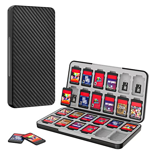 MoKo Étui de Rangement pour Cartes de Jeu Compatible avec Nintendo Switch OLED Model/Switch/Switch Lite, Boîte de Protection Organisateur Rangement avec 24 Emplacements, Fibre de Carbone Noire Cover