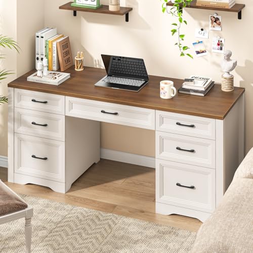 Image of Vabches Farmhouse Executive Desk, Wood Home Office Desk with 2 Large File Drawers and 5 Storage Cabinets, Rustic Writing Desk for Work and Study, Brown