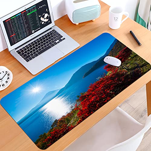 SHIVNAMI Alfombrilla Raton Grande Gaming Mouse Pad,Japón Sunny Autumn Fall Plants Paisaje con árboles Montañas y Ocean Panorama,Lavable, Antideslizante Diseñada para Gamers, Trabajo de Oficina