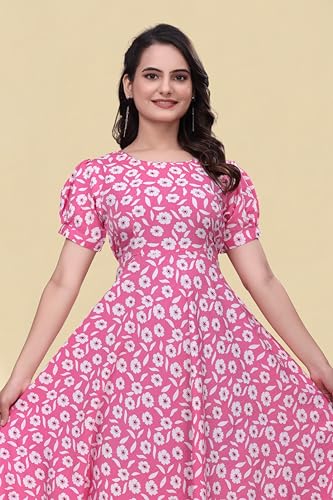 Image of Women's A-Line Crepe Maxi Dress | Stylish Fit and Flare Dress with Round Neck Short Puff Sleeves for Casual Wear