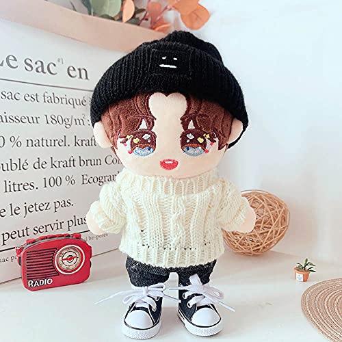 niannyyhouse Doll Clothes Suit 20cm Plush Doll Clothes Square Face Hat White Sweater Denim Shorts 8in Kpop Stuffed Doll Clothing Dressup (Black) - Image 2
