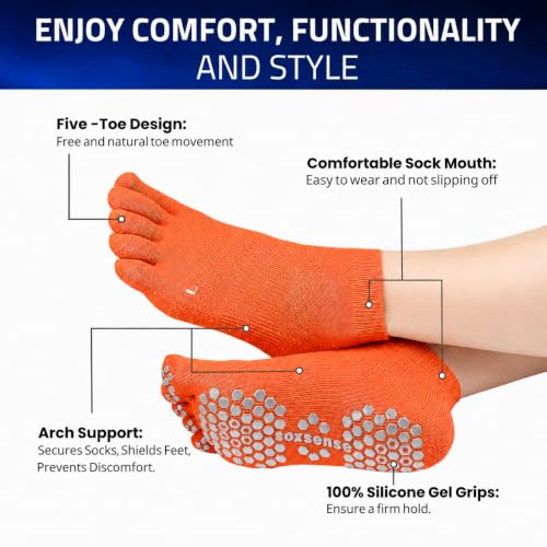 Image of Soxsense Soccer Grip Toe Socks, Non-Slip Socks for Sports & Pilates | Individual Five-Toe Design, Non-Slip Grip Sole, Supportive Arch Fit, Breathable Mesh Ventilation