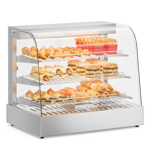 Image of ROVSUN 26 inch Commercial Food Warmer Display Pizza Warmer, 3-Tier Electric Countertop Food Warmer w /LED Lighting Adjustable Removable Shelves Glass Door, Pretzel Warmer for Buffet Restaurant, Silver