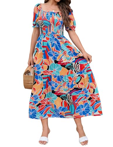Image of ZESICA Women's 2026 Summer Boho Floral Print Dress Square Neck Ruffle Swing Beach Vacation Long Maxi Dresses