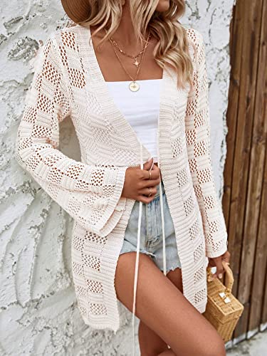 Verdusa Women's Crochet Cardigan Lightweight Kimono Sweater Tie Front Flounce Sleeve Sheer Knit Top4