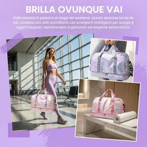 Borsone Palestra Donna con Scomparto Scarpe e Tasca Umida, Grande Borsa da Viaggio Impermeabile 40L, Borsone Sportivo per Piscina Yoga e Borsa Ospedale Parto, Bagaglio a Mano Leggero con Tracolla