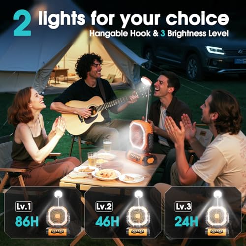 Camping Ventilator 20000mAh, Wiederaufladbarer Tischventilator USB Ventilator mit LED Licht & Haken, 270° Drehung mit Fernbedienung, Camping Fan für Indoor, Outdoor, Zelt, Grillen, Strand - Orange – Bild 4