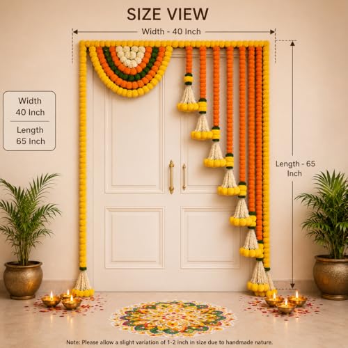 Image of Rajasthan Kraft Marigold Door Toran 65x40 Inch, Artificial Flower Bandanwar for Main Door Entrance| Festive Wall Hanging Decor for Diwali| Wedding, Pooja|(Yellow,Orange Flower and Tuberose Tassels)