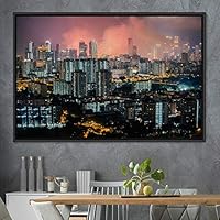 Framed Canvas Wall Art City Illuminations Aerial Cityscape Contemporary Multicolor Photography Places Realism - 16x24 inches