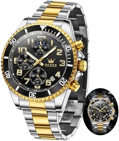OLEVS Mens Watches Chronograph Watch Luxury Dress Stainless Steel Waterproof Watches for Men Moon Phase Luminous Business Calendar Wrist Watch Blue/Black/Green/Gold/Face