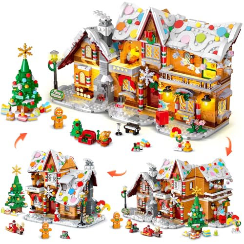 HOGOKIDS Set de Construcción Casa de Jengibre de Navidad 3 Estilos con Luces – Castillo Pueblo Navideño 2025 con Papá Noel, Árbol de Navidad, Tren y Regalos, 1421 Piezas, para Adultos y Niños 8+