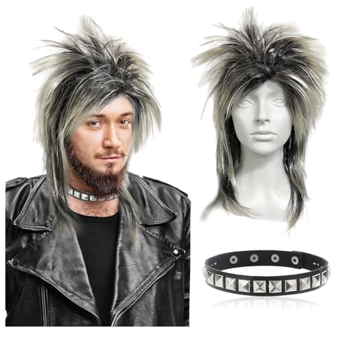 UILYNIU Pelucas Disfraz Años 80 y Collares, Rockstar Peluca, Peluca de Disco Punk Rock Heavy Metal para Fiesta Disfraz 60S 70S 80S Cosplay Hippies Accesorio Carnaval Halloween Fiesta Temática (Rubio)