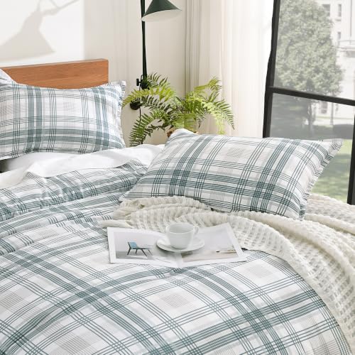 Image of Andency Blue Plaid Comforter Set Full(79x90 Inch), Gingham Checkered Grid Stripes Bedding Comforter Sets for Boys Girls Kids, 3 Pieces Preppy Geometric Line Soft Lightweight Reversible Bed Set as Gift