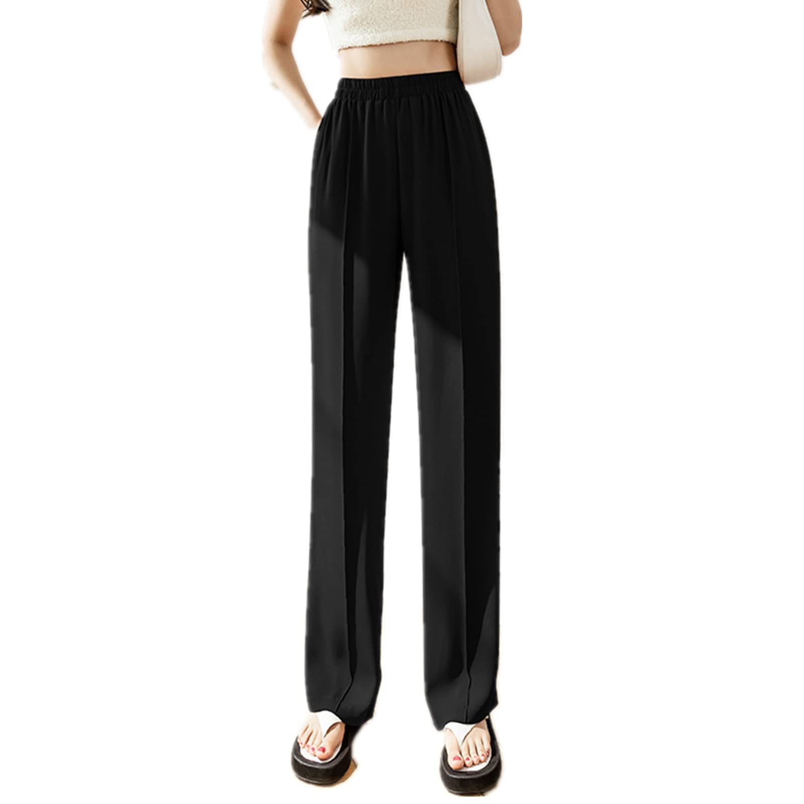Fashion Womens Casual Workplace Temperament Trousers Loose All-Match Straight Pants Commuter Trousers Black L