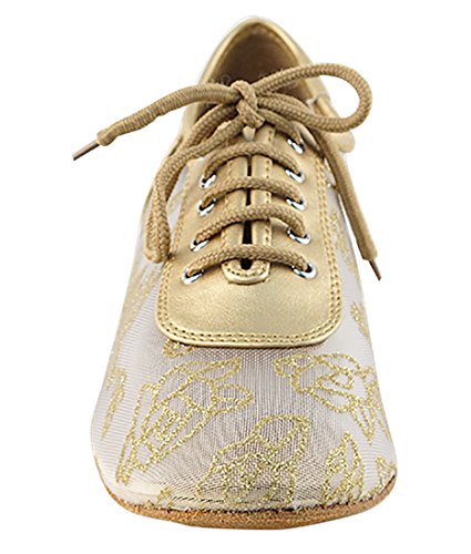 Very Fine Dance Shoes - Ladies Practice, Cuban Low Heel Ballroom Dance Shoes - 2002-1.5-inch Heel and Foldable Brush Bundle - Light Gold Leather - #79 Mesh - 93