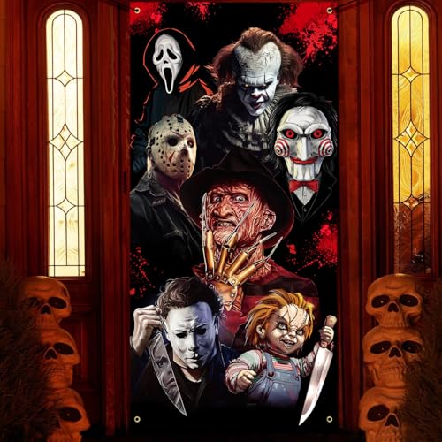 Halloween Scary Door Cover - Classic Horror Movie Character Banner for Party Photo Background - Creepy Killer Decorations for Front Door Indoor Porch Decor