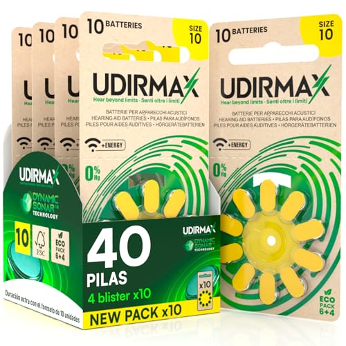 40 Pilas para Audífonos PR70 Tamaño 10 (Amarillas) Udirmax Zinc Aire 0% Mercurio 1,45V con Tecnología Dynamic Sonar Eco Pack   4 Blísteres Ecológicos de 10 Pilas