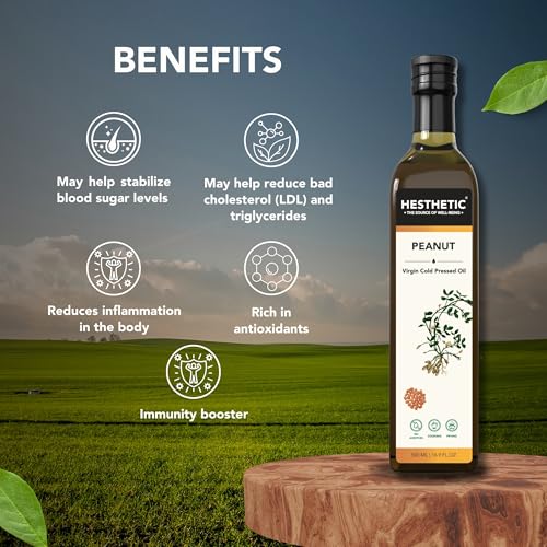 Image of HESTHETIC Premium Edible Cold Pressed Peanut Oil, 750ML, 100% Pure and Natural Food Grade Groundnut Virgin Oil, Rich in Healthy Fats, Ideal for Cooking, Frying, and Salad Dressings, Glass Bottle