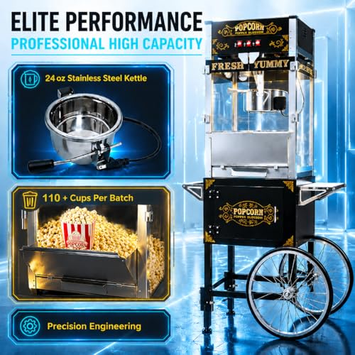 Image of Commercial Popcorn Machine with Cart - 24OZ Kettle Popcorn Makers with Heating 3-Switch Control Stainless Steel Kettle for Business, Corporate, School, Institutional, Carnival, Theater, Church, Black