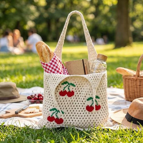Image of CHERRY Pattern Crochet Tote Bag for Women - Beige Knit Shoulder Handbag, Lightweight Large Capacity Summer Beach Bag, Shopping, Travel & Daily Use Casual Tote