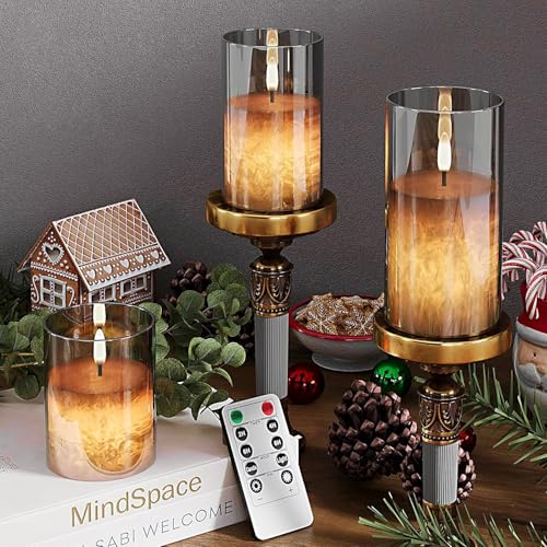 LED Kerzen mit Fernbedienung Timer Funktion mit Glas Tasse, Flackernde Flammenlose, Echtwachskerze, Batteriebetrieben - Grau – Bild 2