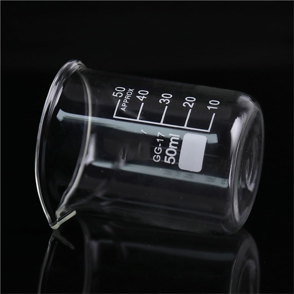 Vaso de precipitados Transparente para Laboratorio de química, Capacidad de 50 ml, de Forma Baja, de Vidrio Transparente Espesado con Pico, 1 Unidad