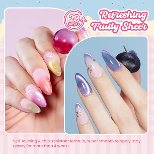 Image of Beetles Fruit Magnet Cat Eye Gel Nail Polish Set - 6 Colors Spring Gel Polish Kit Glitter Cat Eye Pink Purple Blue Yellow Green Magnetic Shine Soak Off UV Salon DIY Manicure Gift for Women