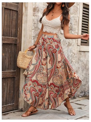 Women's Paisley Print Boho Pants Wide Leg Baggy Pants Elastic High Waisted Summer Lounge Beach Trousers4