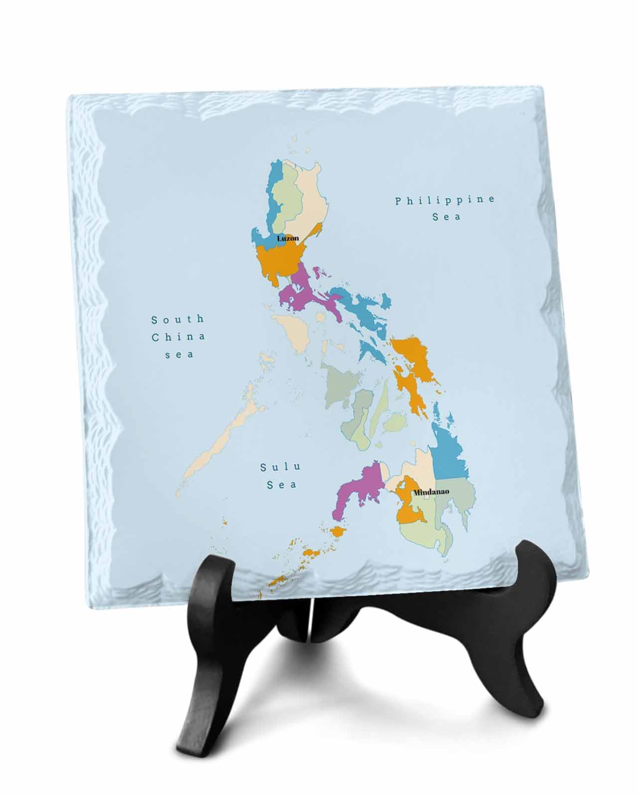 Philippines Map with Blue Ocean Ceramics Plaques Gift for Women/Men, Asian Area Table Decoration Plaque with Wooden Stand, Decorative Desk Sign for Office, Bedroom