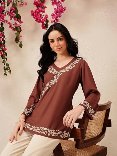 Image of QAZMI Women's Aari Embroidered Viscose Rayon V-Neck Full Sleeves Short Kurti