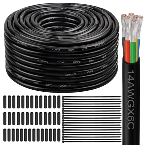 Image of 14 Gauge 6 Conductor Electrical Wire, 14 AWG Tinned Copper Stranded PVC Cable, Waterproof /Flexible /Low Voltage Extension Cord for Automotive, Marine, Solar, LED Lighting (100FT)