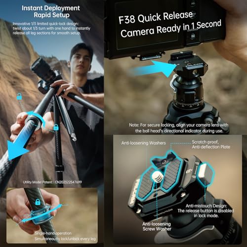 Image of FALCAM TreeRoot F38 Quick Lock Lite Carbon Fiber Travel Tripod with Ball Head Load Capacity 3kg /6.6lbs, Max Vertical Payload 40Kg /88lbs for Cameras, All-Terrain Stability (C141K-301)