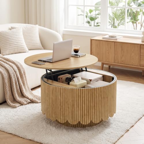 Image of Round Lift Top Coffee Table with Storage,Fluted Circle Coffee Table,Natural
