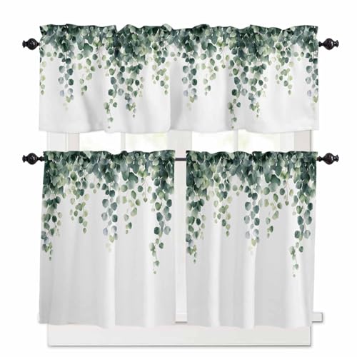 Green Leaves Kitchen Curtains 36 Inch Length, 3 Piece Rod Pocket Small Half Tiers and Valance Set, Watercolor Spring Eucalyptus Branches Small Large Window Treatment Decor for Bedroom/Bathroom Sink