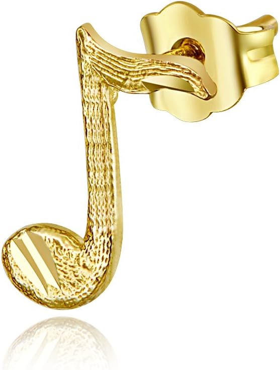 14k REAL Yellow Gold Music Note Stud Earrings (4 x 11 mm)