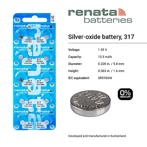 Renata 317 SR516SW Batteries - 1.55V Silver Oxide 317 Watch Battery (20 Count)
